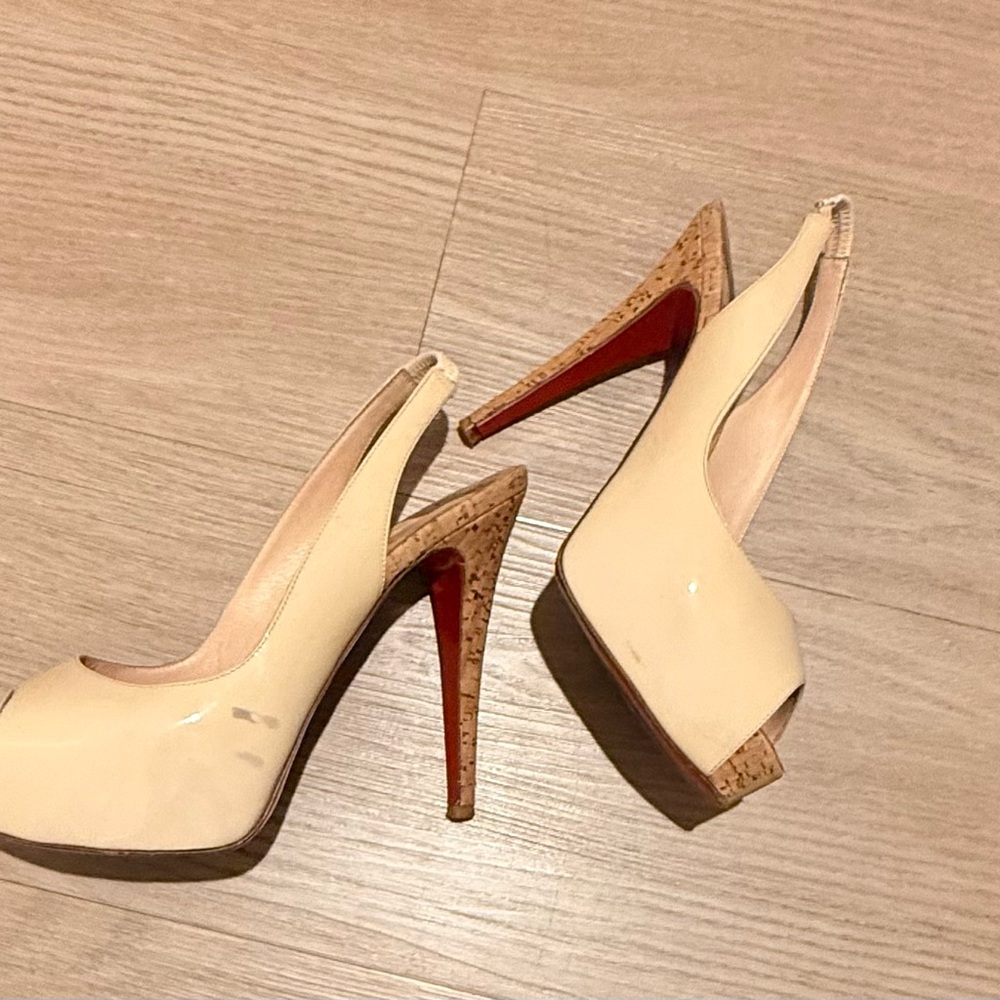 Christian Louboutin Cream Patent Slingback Cork Platform Heels - Picture 4 of 8